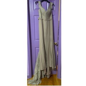 Formal Taupe Lace Dress with Lace Train